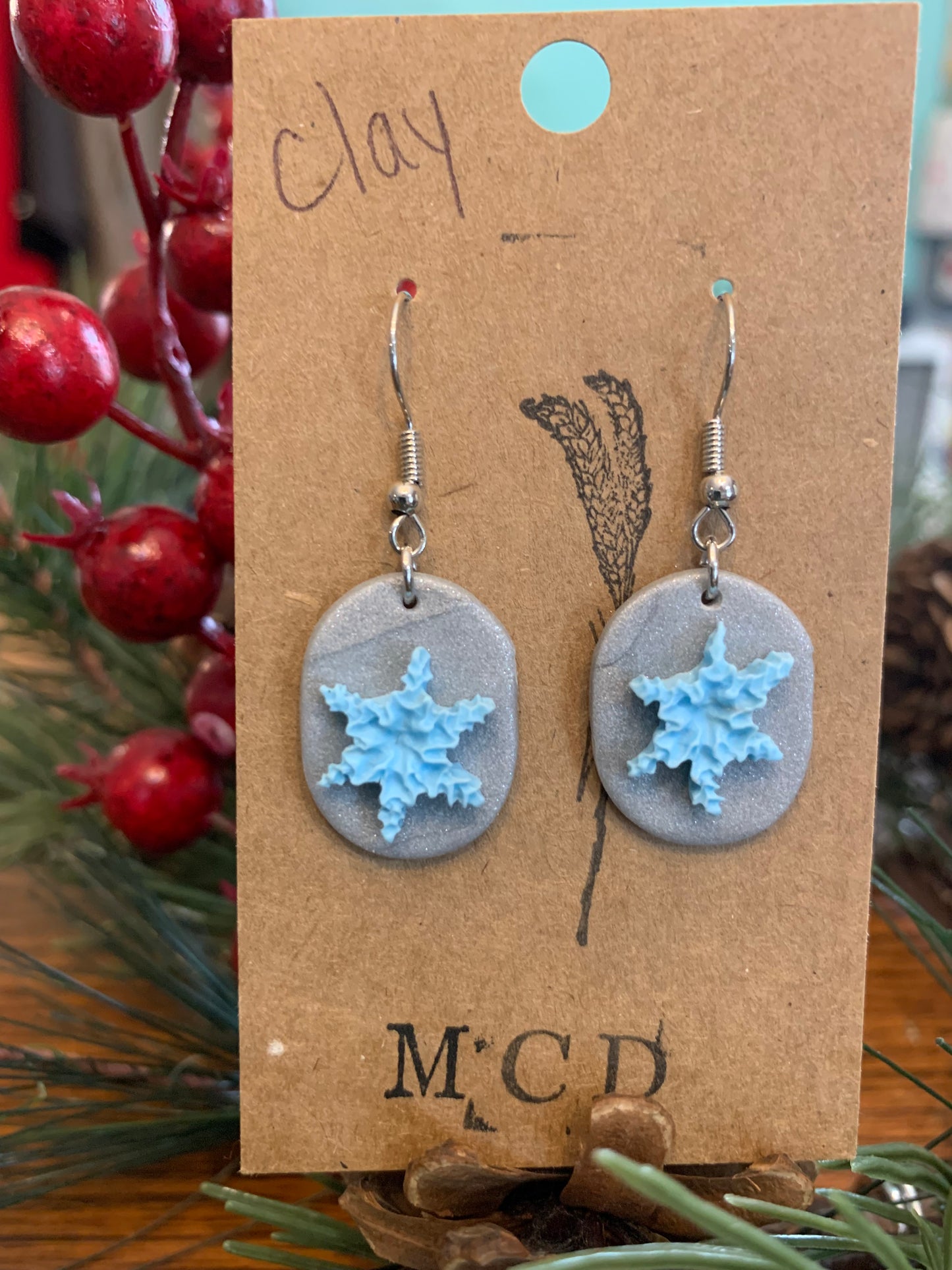 Blue Snowflake Clay Earring