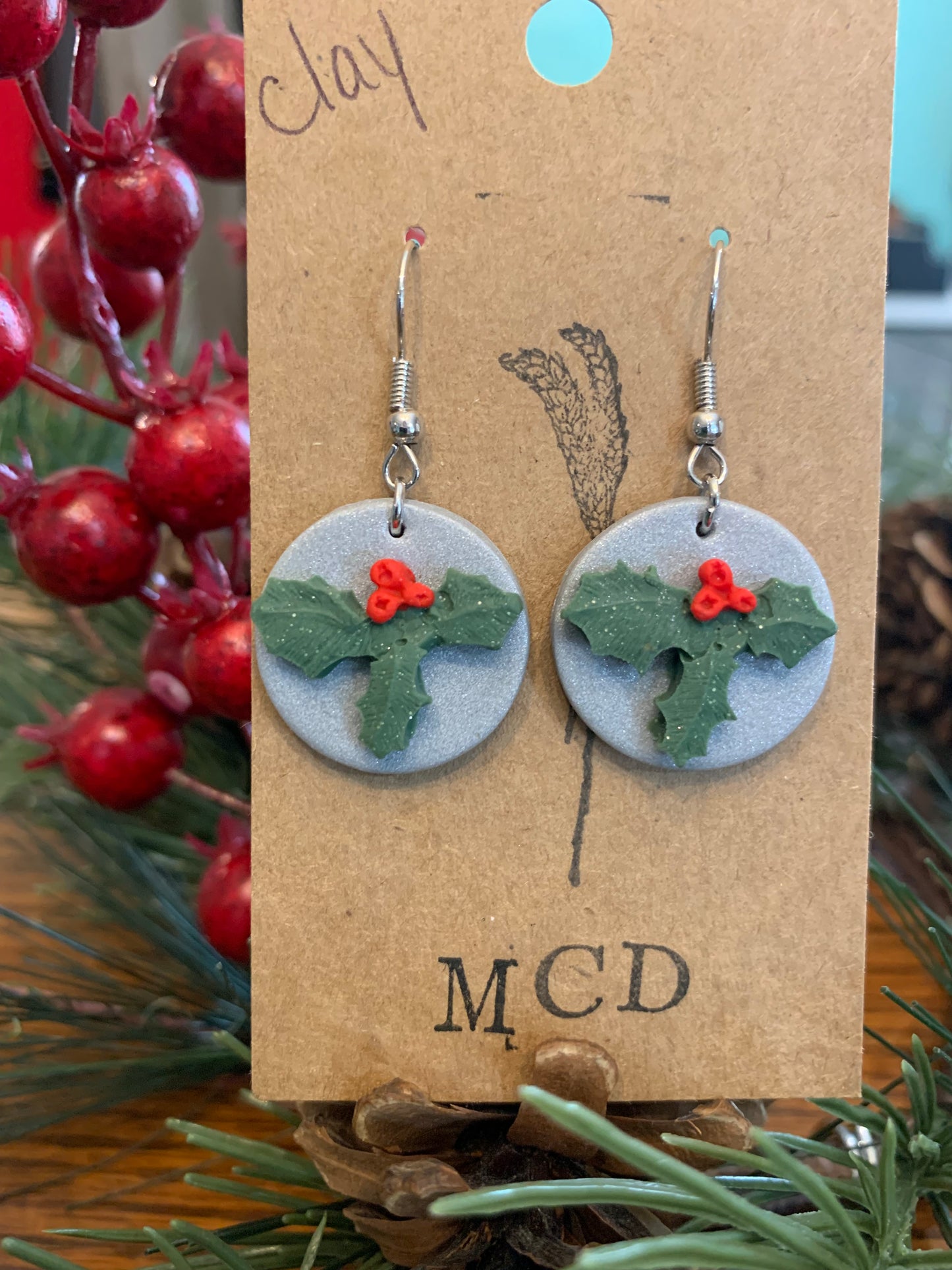 Silver Holly Clay Earring
