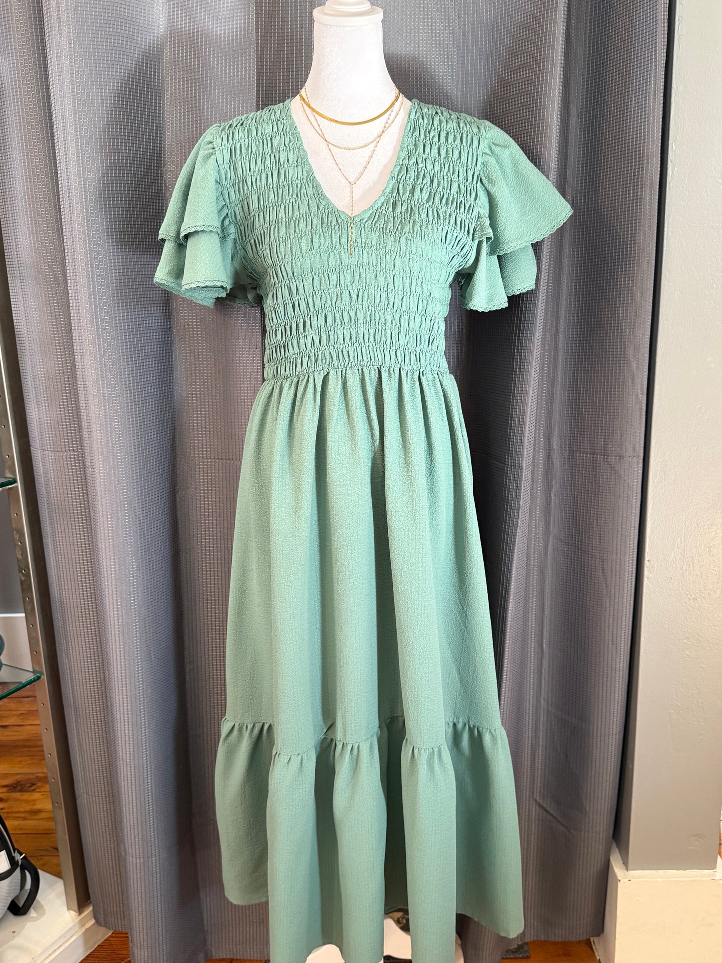 SageRuffleSleeveDress