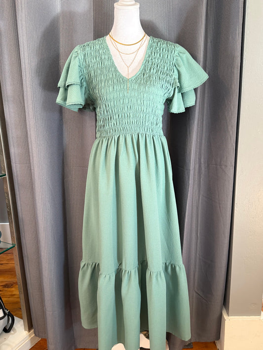SageRuffleSleeveDress