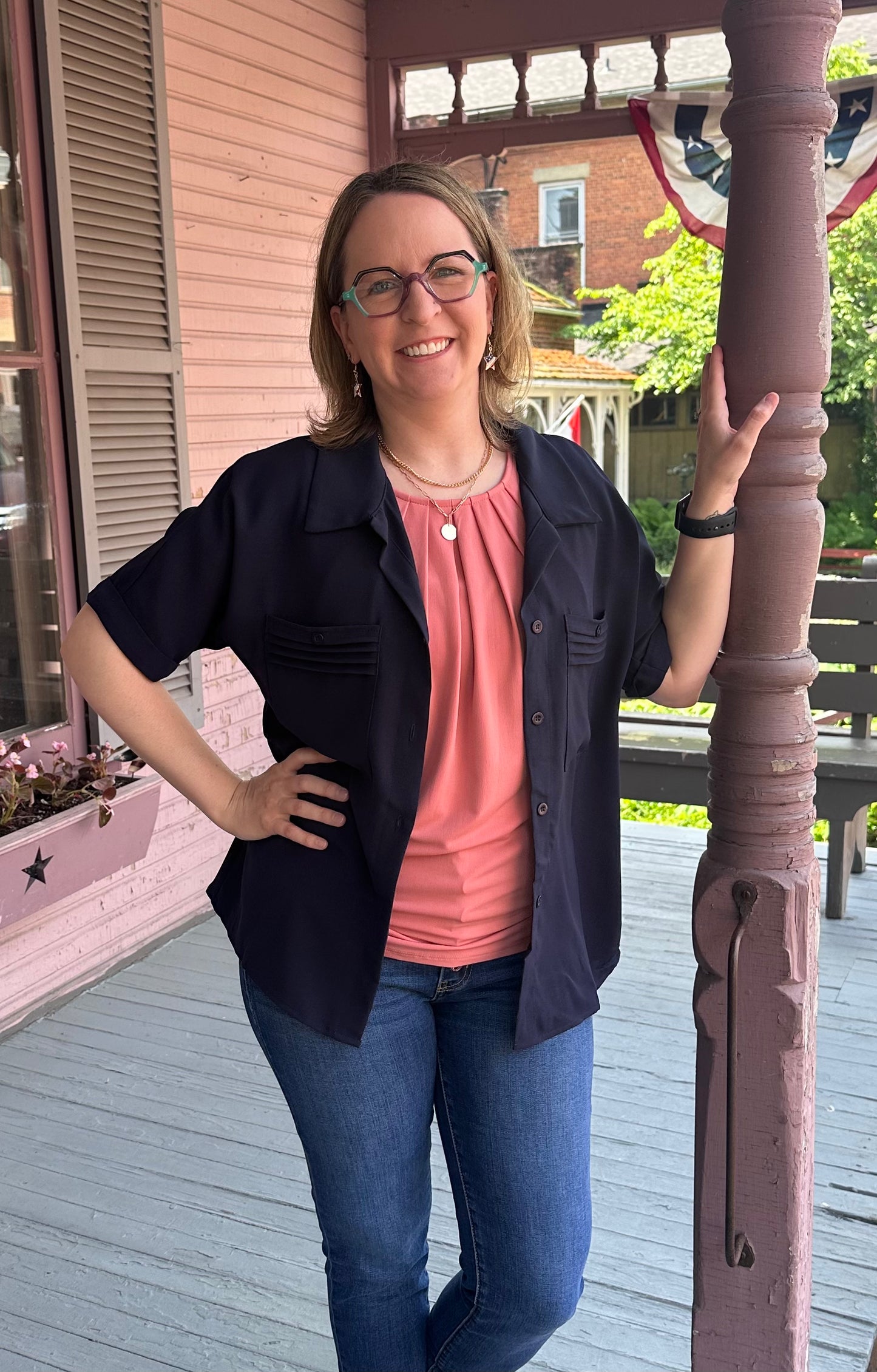 Navy Button/Pocket Blouse