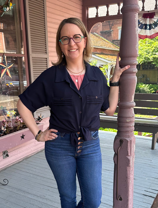 Navy Button/Pocket Blouse