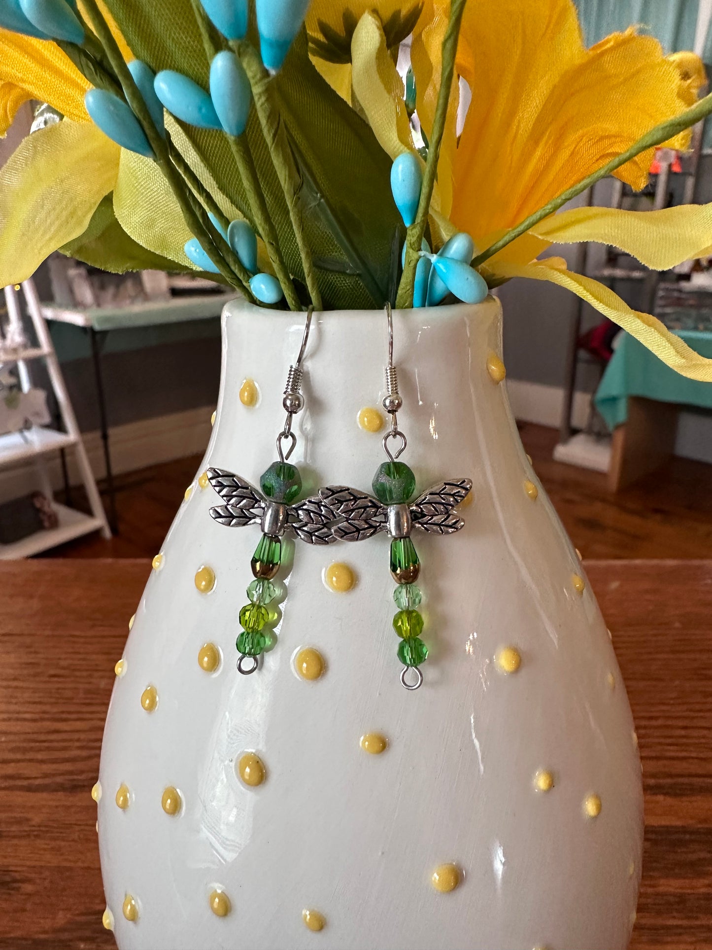 Green Bead Dragonfly Earrings