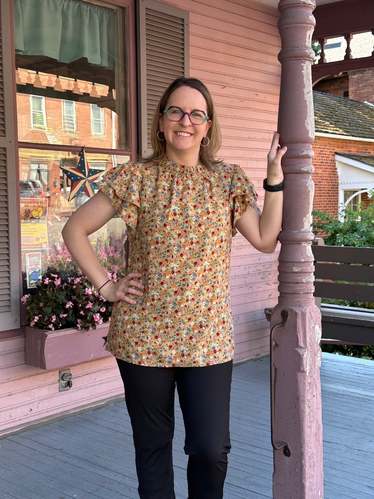 Khaki Floral FlutterSleeve Top